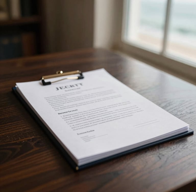 Elegant legal documents on dark wood under soft coastal daylight, shallow depth of field, 35mm