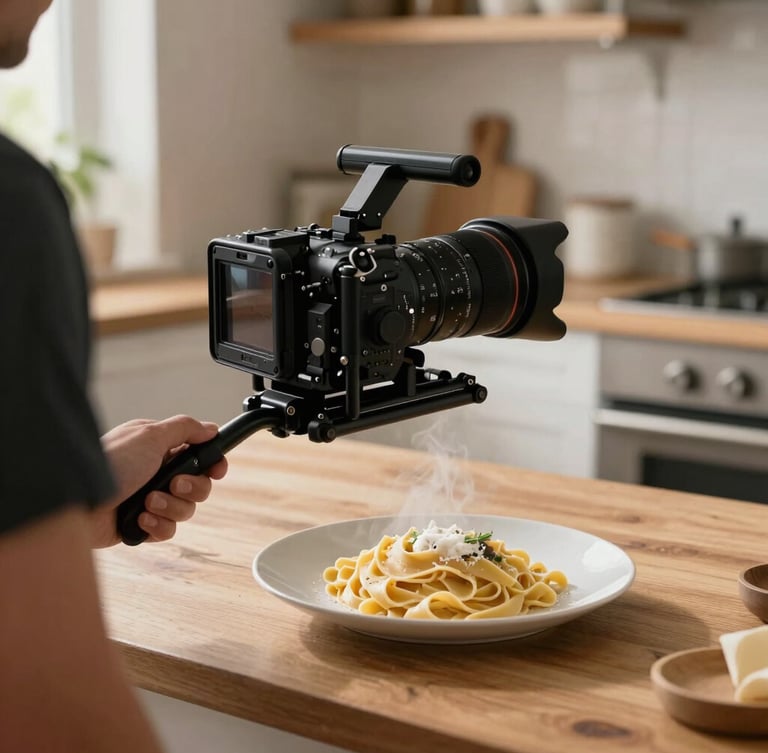 Tactile over-the-shoulder shot of a professional camera rig positioned over a steaming plate of fresh handmade pasta in a naturally lit Scandinavian-style kitchen, soft side-lighting, warm wood textures.