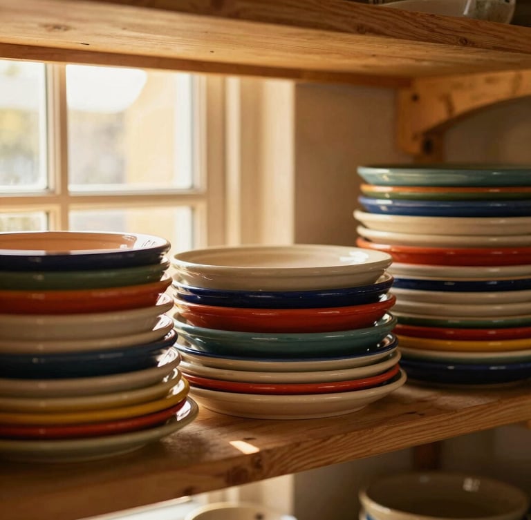 Tight close-up of colorful stacked stoneware plates in open kitchen shelving, warm golden-hour window light, shallow depth of field