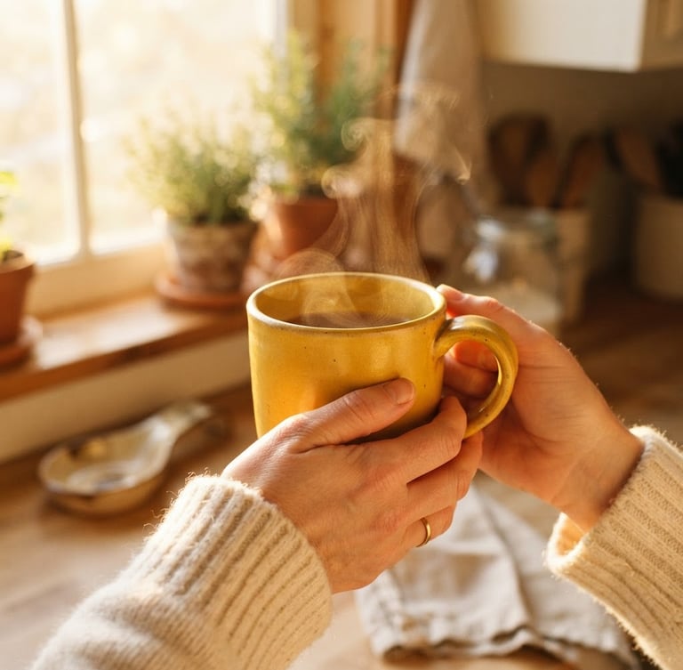 Intimate close-up of hands cradling a warm, bright mustard yellow ceramic mug, steam rising gently, sun-drenched kitchen background with golden-hour window light, shallow depth of field, warm editorial photography.
