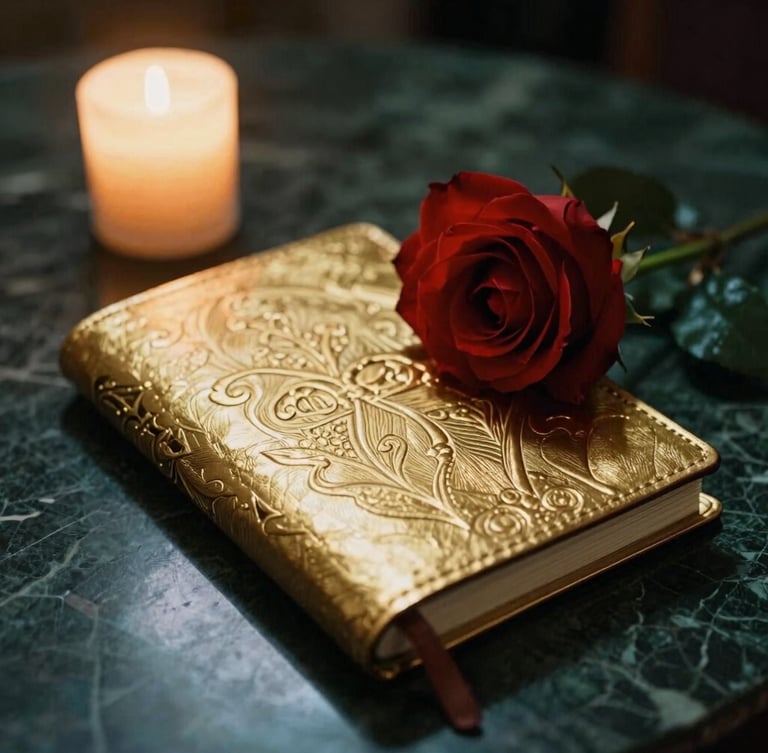 A close-up of a gold-embossed leather journal open on a dark marble table, illuminated by warm candlelight, with a single scarlet rose resting beside it, soft chiaroscuro lighting, 35mm film texture