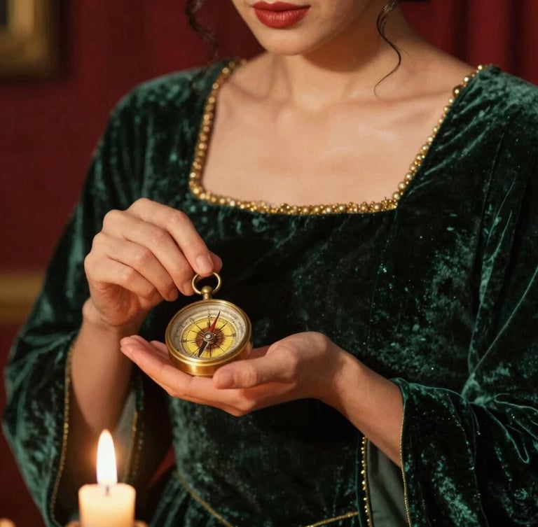 A close-up portrait of an elegant woman in deep green velvet regalia, holding a brass vintage compass in her hands, warm candlelight, dramatic shadows, 35mm film texture.