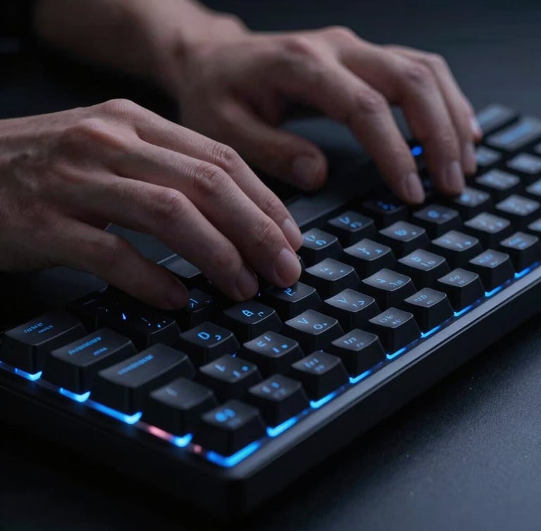 Sleek tech photography, close-up of hands typing code on a mechanical keyboard, cool low-key studio lighting with subtle blue neon accents, 35mm