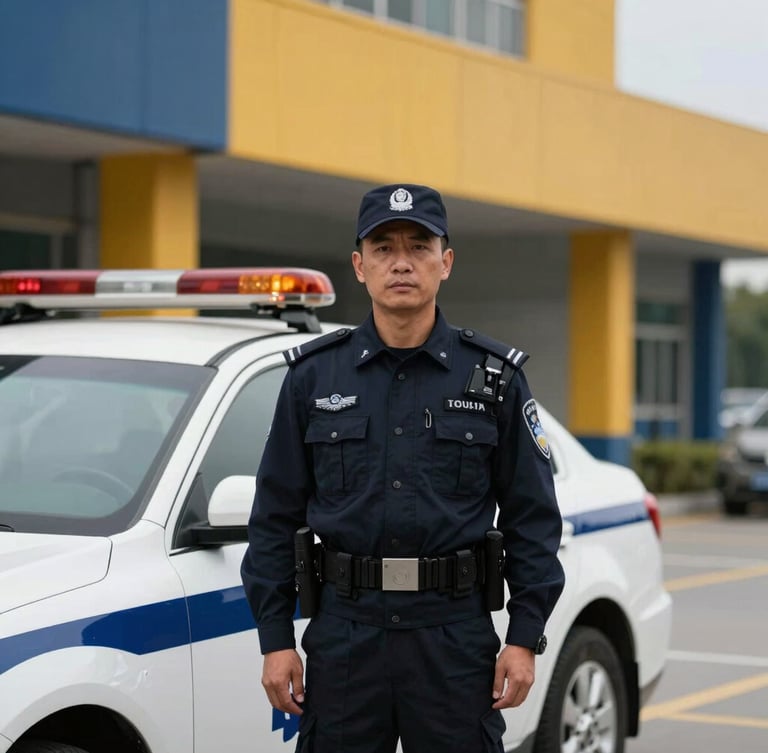 Medium shot of a professional security officer in a crisp, dark uniform, standing confidently beside a marked patrol vehicle with amber lightbars, sharp daylight, clean commercial building exterior in the background, deep navy and amber tones, portrait aspect.