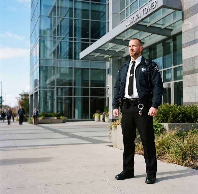 Professional, uniformed security officer standing watch in front of a modern commercial building, sharp daylight, deep navy and amber tones, high contrast, 35mm lens, officer on right