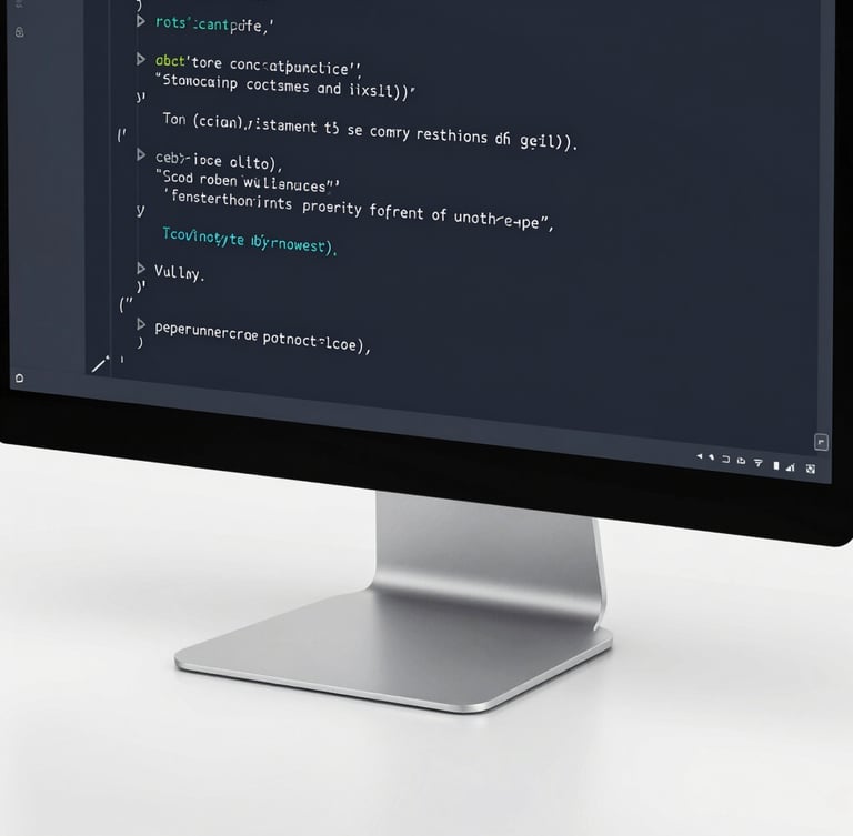 Close-up of clean code on a high-resolution screen in a minimalist workspace, cool crisp studio lighting, deep slate and clean white tones, sharp focus, 35mm lens