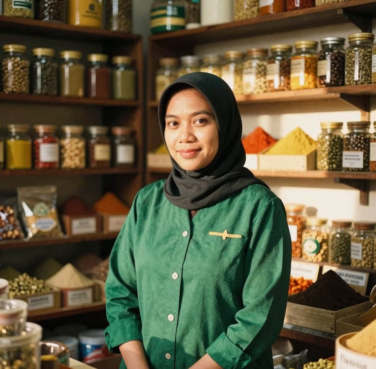 A warm environmental portrait of an Indonesian female business owner in her tidy spice shop, soft golden-hour light filtering in, rich emerald details