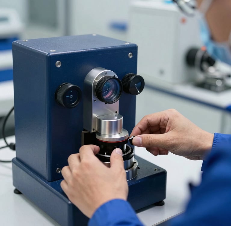 Primer plano macro de un ingeniero calibrando un instrumento de medición de alta precisión en un laboratorio limpio, luz blanca nítida, enfoque en las manos y los diales, tonos metálicos y azules profundos.