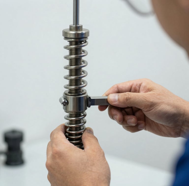 Close-up of a technician's hands adjusting a heavy-duty steel torsion spring with a tensioning bar, crisp commercial photography, bright focused work-light, clean high-contrast tones, sharp focus