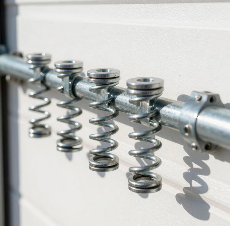 Close-up of heavy-duty oil-tempered steel torsion springs on a garage door shaft, clean high-contrast tones, sharp focus