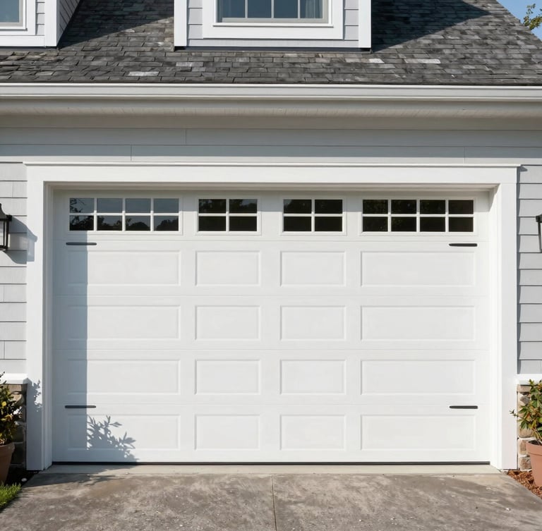 Straight-on architectural shot of a modern clean garage door installation on a coastal Massachusetts home, crisp natural daylight