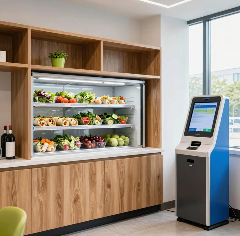 A bright, modern corporate breakroom featuring custom wood-grain shelving, open fresh food coolers stocked with salads and wraps, and a sleek self-checkout kiosk on the right, bright natural window light.