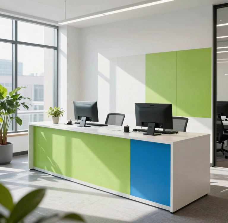 Sleek micro-market setup in a bright Canadian corporate office, natural daylight, modern design, clean lines.