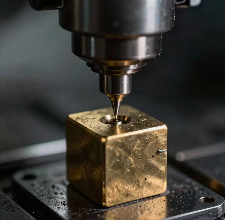Extreme close-up of a precision CNC milling machine carving the corner of a brass cube, sharp highlights, metallic dust, moody macro photography, shallow depth of field
