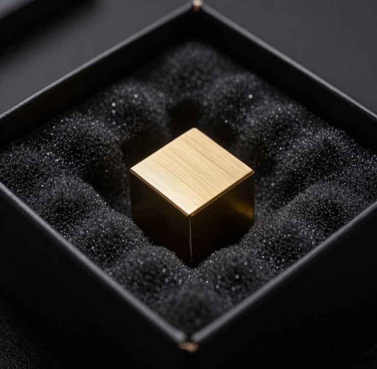 Moody macro photograph of a Cubemistry box opening, revealing a brushed brass cube nestled in custom-cut charcoal foam under dramatic side-lighting, 85mm lens