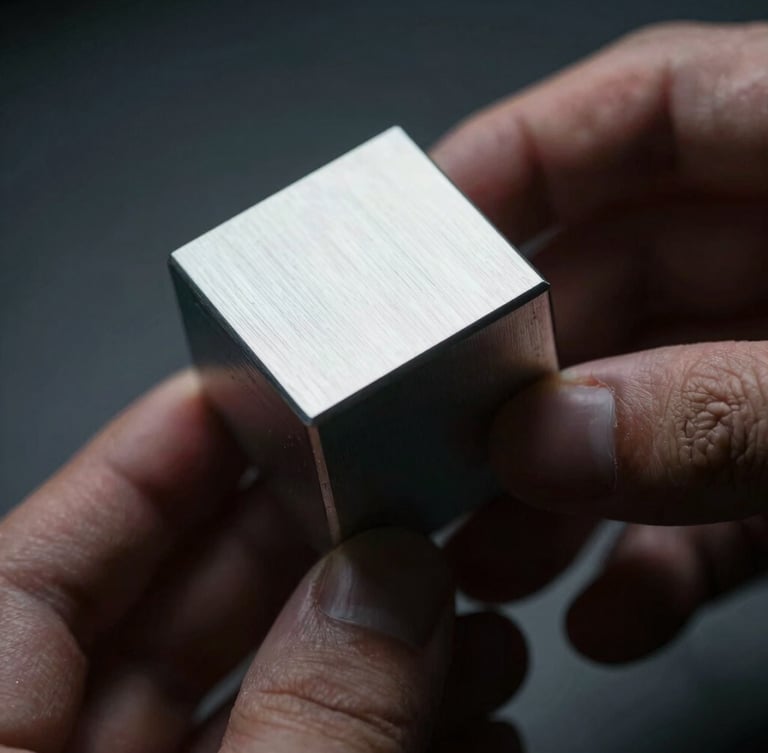 Macro photography of an anodized aluminum cube held mid-turn by hands, dramatic side-lighting, deep shadows on metallic edges, shallow depth of field, 85mm lens