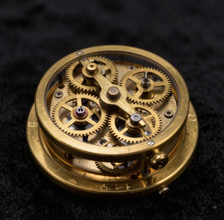 Macro shot of a 19th-century brass mechanical clockwork illusion device, warm spot lighting cutting through deep shadow, velvet black background, sharp brass gears and intricate metal engraving visible.