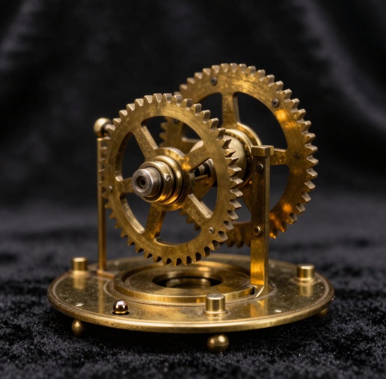 Macro shot of an intricate 19th-century brass illusion apparatus, selective focus on gear teeth, warm single-source spotlighting, dark velvet background.