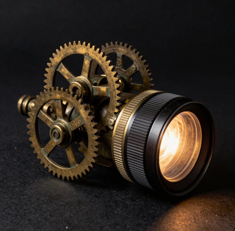 Fotografía en primer plano de un aparato de prestidigitación de bronce antiguo, engranajes expuestos, iluminación de claroscuro dramática con un solo reflector cálido, fondo negro absoluto.