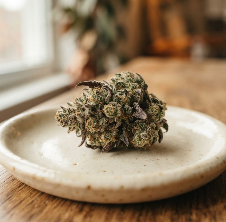 Macro shot of premium hand-trimmed cannabis flower resting on a clean cream-colored ceramic dish, soft natural window lighting, shallow depth of field, warm tones