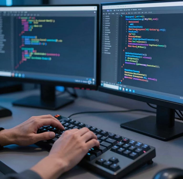Macro shot of developer hands on a mechanical keyboard, dual monitors displaying clean Python code and neural network terminal logs, cool blue office lighting, sharp focus, 35mm lens.
