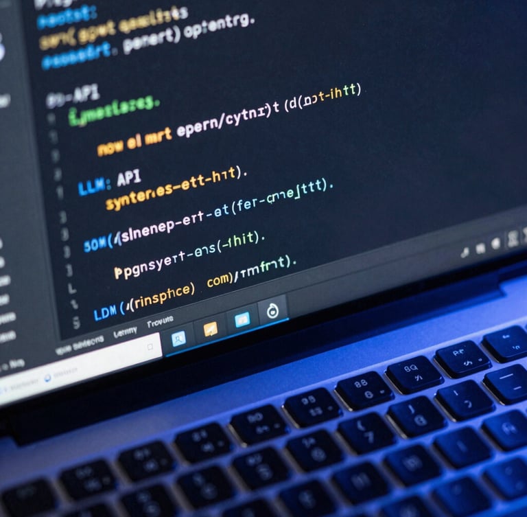 Macro shot of a modern code editor displaying clean Python and LLM API calls, cool blue ambient light on a mechanical keyboard, sharp focus