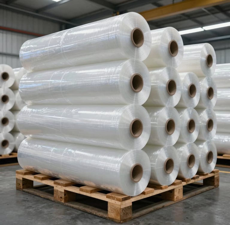 Wide-angle shot of industrial packaging facility, high-contrast overcast lighting, massive rolls of transparent stretch film stacked on heavy wooden pallets, raw plastic texture.