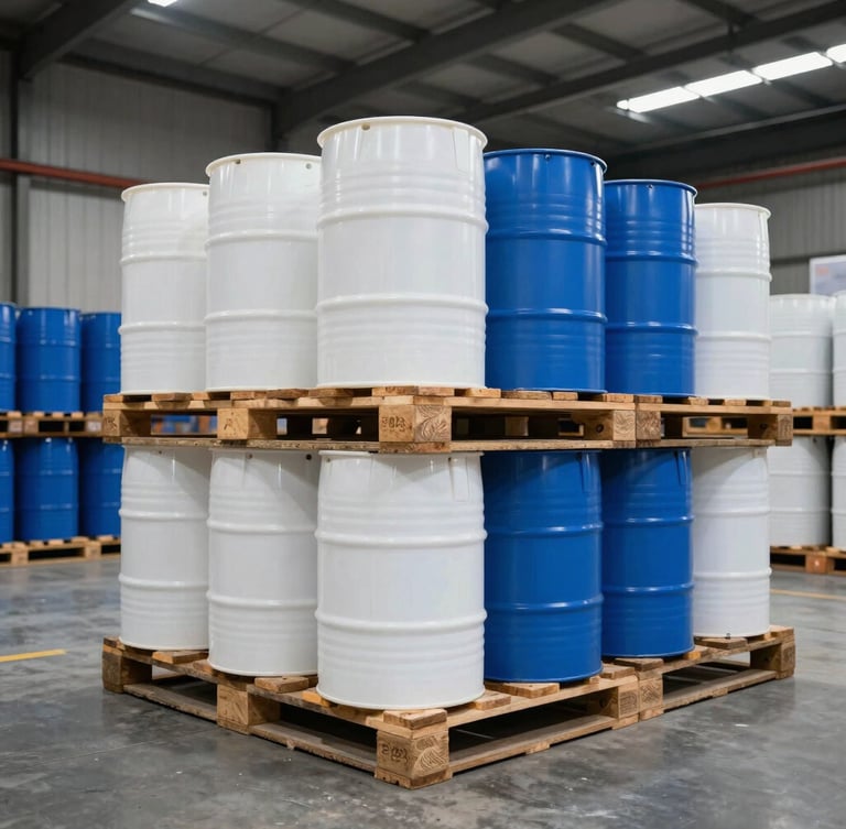 Wide-angle warehouse shot of stacked pallets containing industrial-grade white and blue plastic chemical drums, clean concrete floor, high-contrast industrial lighting.