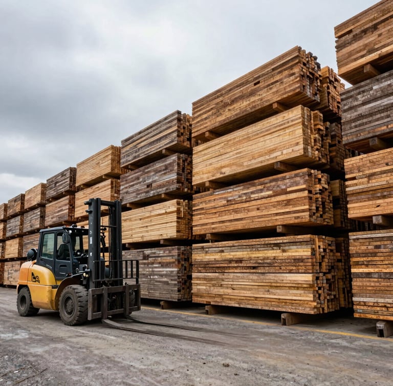 Wide-angle industrial yard with stacked timber and concrete elements under overcast sky, heavy forklift parked on the left, massive scale, high contrast.