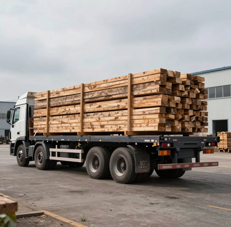 Wide-angle outdoor shot of a heavy-duty flatbed logistics truck being loaded with timber in an industrial yard under an overcast sky