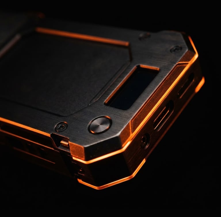 Macro close-up of a hardware wallet in shadow, sharp metallic edges catching dramatic orange neon rim lighting, deep black background, 35mm lens