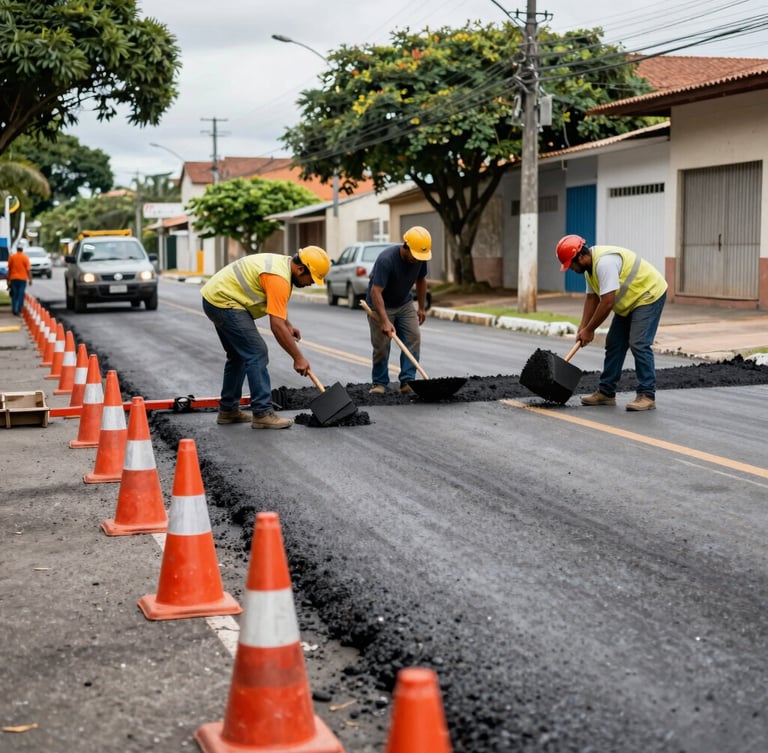 Wide-angle environmental shot of active municipal road maintenance in Brazil, raw daylight, natural unposed workers inspecting asphalt, orange safety cones in the foreground, sharp focus.