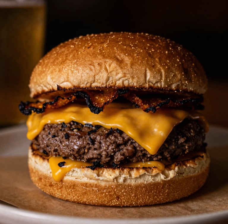 Moody close-up of a double smash burger with dripping cheddar, crispy charred edges, warm amber indoor lighting, deep shadows, 35mm lens