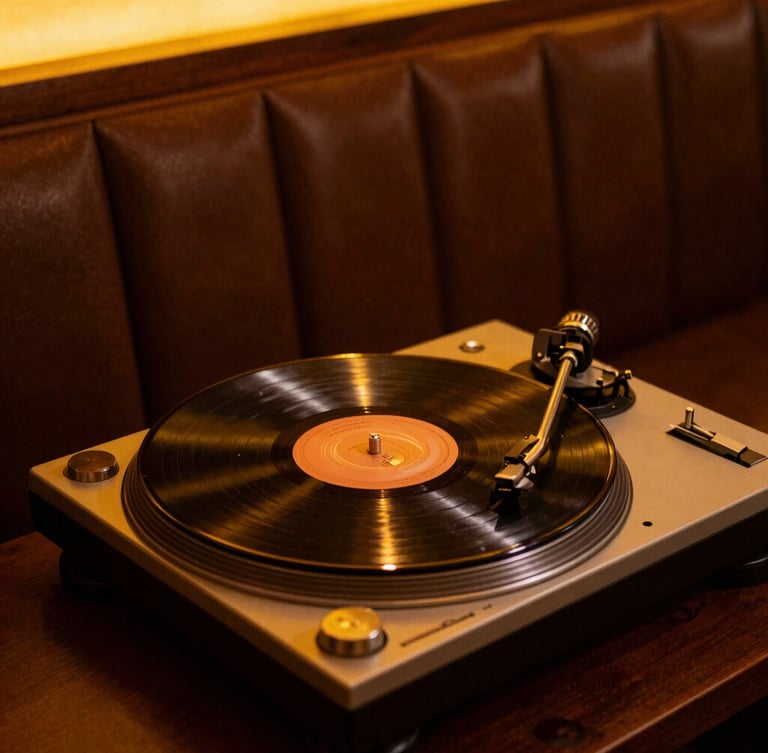 Moody vertical portrait of a vintage vinyl turntable spinning a record inside a low-lit restaurant booth, warm amber light glinting off the brass arm, deep shadows.