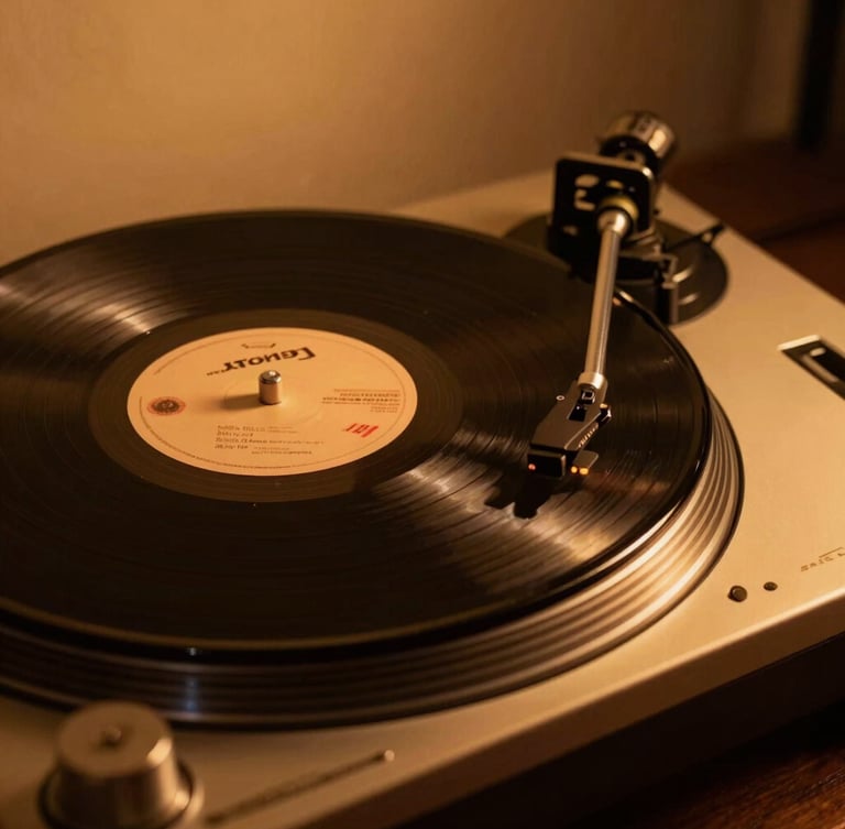 Close-up of a vintage turntable spinning a vinyl record under warm amber spotlight, deep shadows, rich saturated tones, 35mm lens.