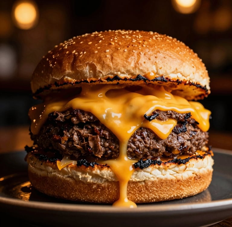 An extreme close-up of a double smash burger with melting cheddar cheese dripping down the charred edges, sitting on a dark plate inside a moody, low-lit bar with warm amber lighting.