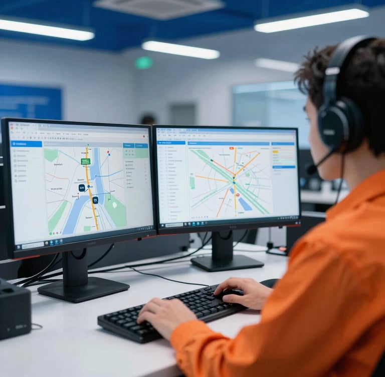A professional dispatcher working in a modern logistics office, looking at dual-monitor setups displaying clean route tracking dashboards, high-contrast interior lighting.