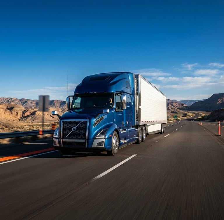 Wide-angle commercial photograph of a clean class-8 logistics truck driving on an open highway under crisp morning daylight, high-contrast blue tones.