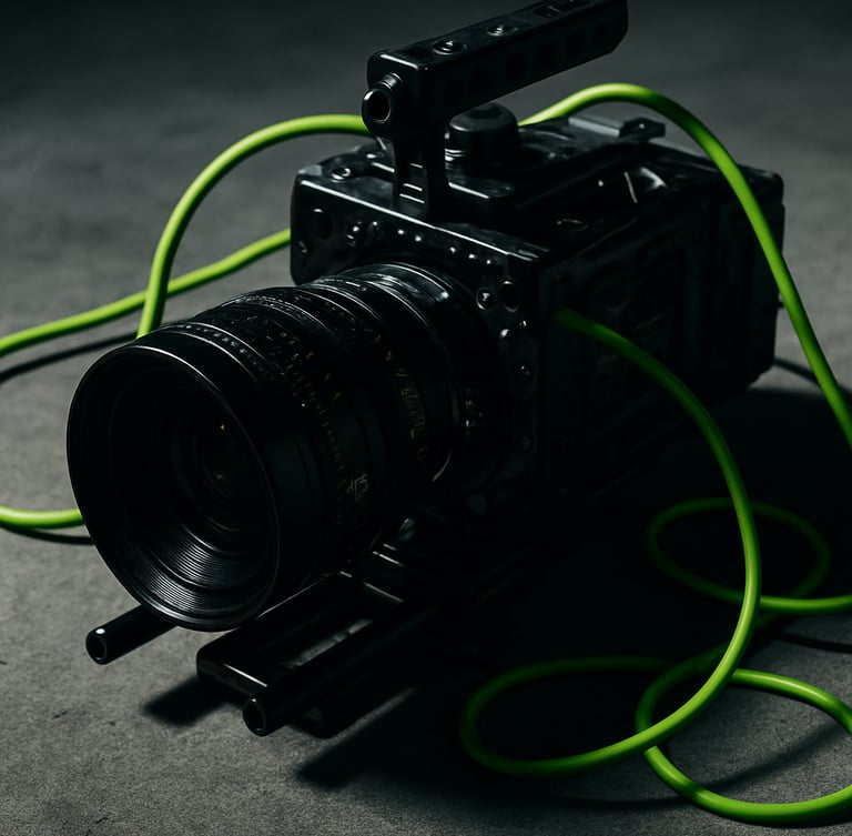 Tight macro shot of a high-end cinema camera rig on a concrete floor, neon green cables, dramatic studio shadows, sharp 35mm lens.