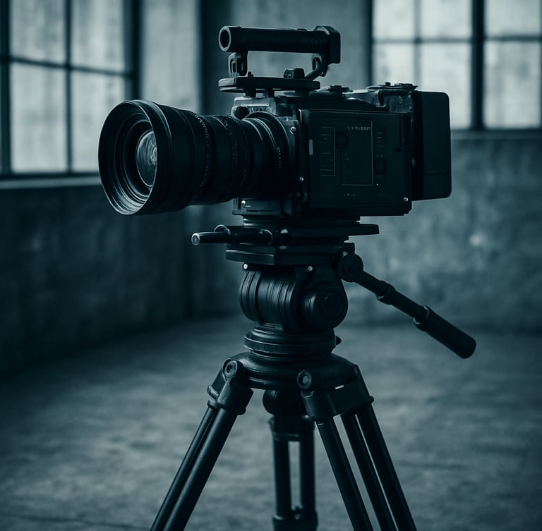 Gritty editorial close-up of a camera rig on a heavy tripod, concrete studio floor, cool-toned daylight streaming through high industrial windows, sharp 35mm lens.