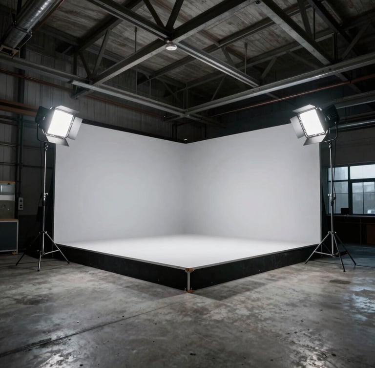 Low-angle wide shot of a gritty industrial studio in Uxbridge, concrete floors, exposed metal beams, professional lighting rigs casting dramatic shadows on a central product stage, cool industrial tones, sharp 35mm lens.