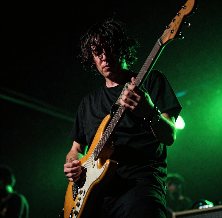 Gritty high-contrast music photography, a guitarist on a dark concert stage with neon green lighting flares, 35mm film grain, close-up dynamic angle