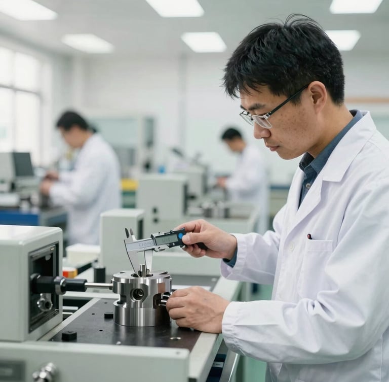 Crisp industrial photography of a quality control inspector measuring a machined part with digital calipers inside a bright, clean, daylight-filled factory, 35mm.