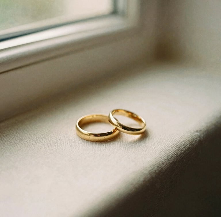 Close-up of two elegant gold wedding bands resting on a textured linen surface, warm golden-hour window light, shallow depth of field, romantic and intimate, 35mm film look.