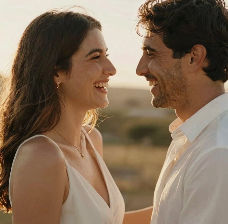 Intimate candid portrait of Sofía and Alejandro laughing together, warm golden-hour sunlight, soft champagne tones, shallow depth of field, romantic 35mm film look.