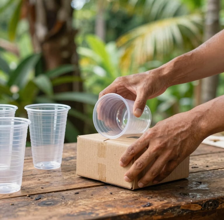 Close-up of hands sorting clean plastic cups and cardboard boxes on a rustic wooden table, bright natural tropical daylight, authentic editorial style.
