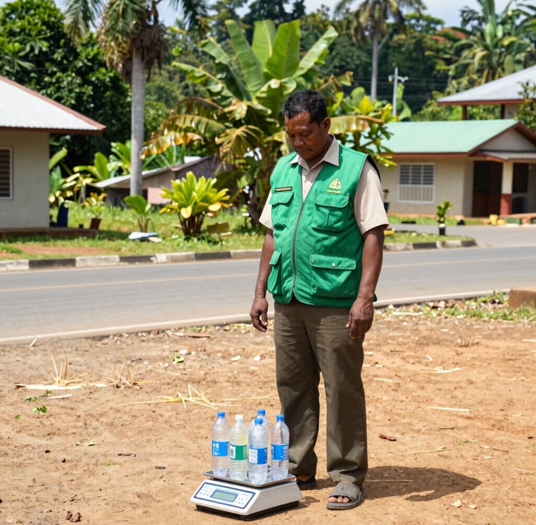 A proud Papuan environmental officer in a green vest weighing plastic bottles on a digital scale in a clean Mimika neighborhood, bright daylight.