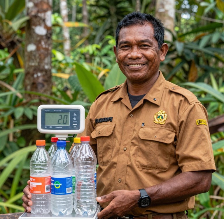 Medium-close shot of a proud Papuan environmental officer smiling, holding a digital scale with sorted plastic bottles, bright natural tropical daylight, 35mm lens.