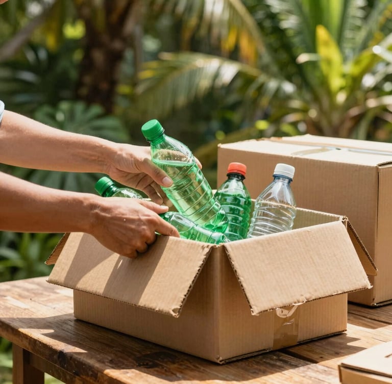 Close-up of hands sorting bright plastic bottles and clean cardboard boxes on a wooden table, warm tropical sunlight, green foliage background