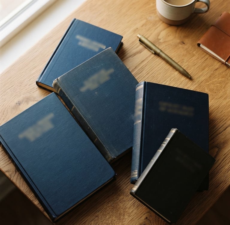 Overhead flatlay of thick academic textbooks and a brass pen on a clean wooden desk, warm daylight, shallow depth of field
